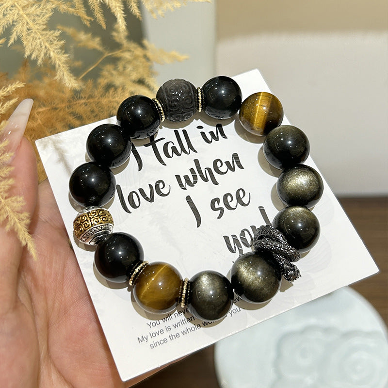 Dragon’s Pulse Bracelet – Golden Obsidian, Tiger’s Eye & Silver Obsidian with Ethnic Reversal Bead | Strength · Balance · Protection