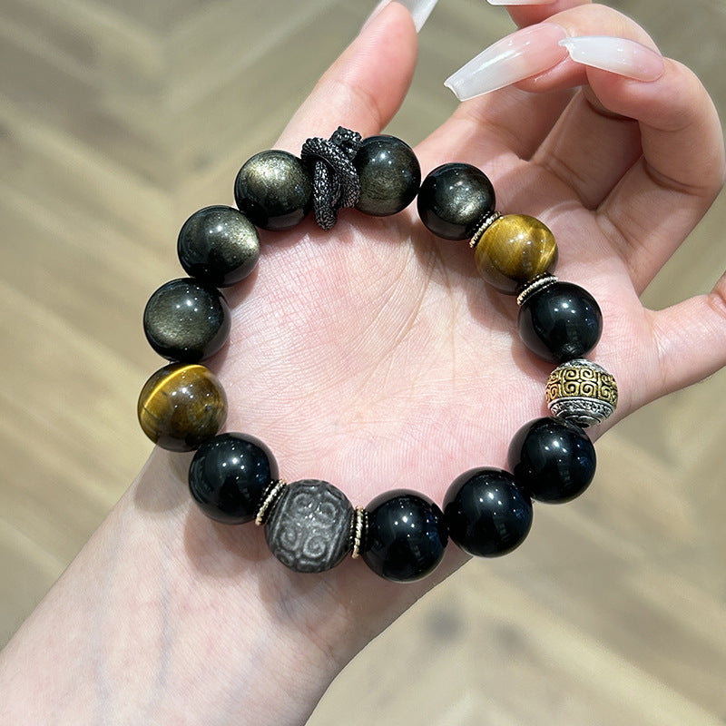 Dragon’s Pulse Bracelet – Golden Obsidian, Tiger’s Eye & Silver Obsidian with Ethnic Reversal Bead | Strength · Balance · Protection