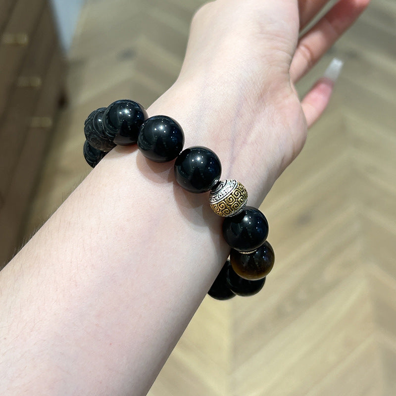 Dragon’s Pulse Bracelet – Golden Obsidian, Tiger’s Eye & Silver Obsidian with Ethnic Reversal Bead | Strength · Balance · Protection