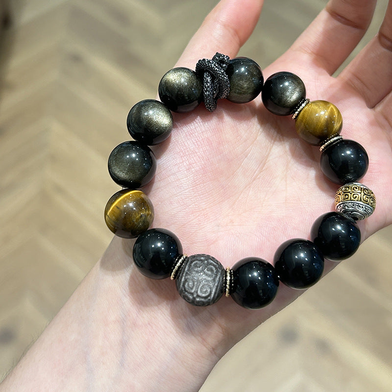 Dragon’s Pulse Bracelet – Golden Obsidian, Tiger’s Eye & Silver Obsidian with Ethnic Reversal Bead | Strength · Balance · Protection