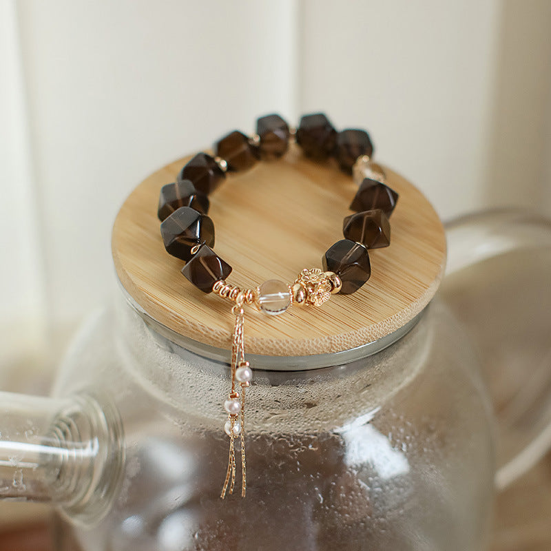 Smoky Grace Crystal Bracelet – Faceted Smoky Quartz with Clear Quartz & Freshwater Pearls