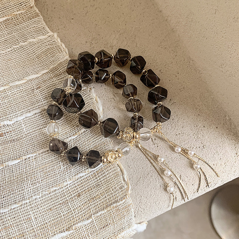 Smoky Grace Crystal Bracelet – Faceted Smoky Quartz with Clear Quartz & Freshwater Pearls