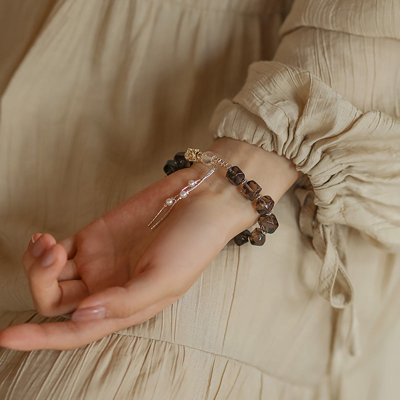 Smoky Grace Crystal Bracelet – Faceted Smoky Quartz with Clear Quartz & Freshwater Pearls