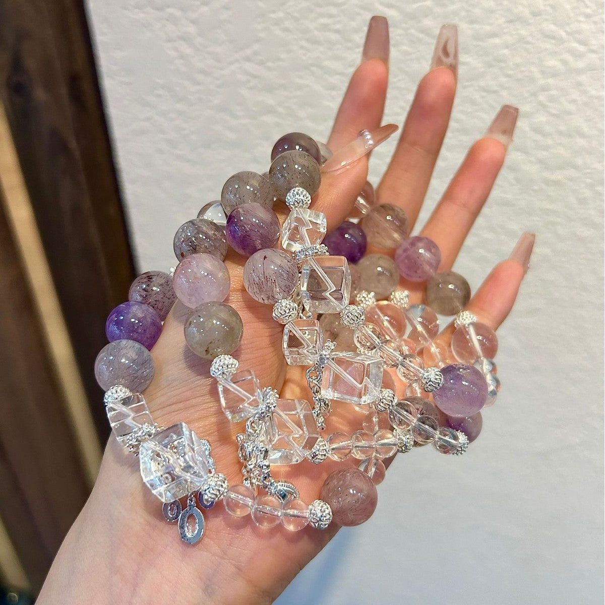 Violet Dawn Super Seven Amethyst & Clear Quartz Crystal Bracelet with Sterling Silver