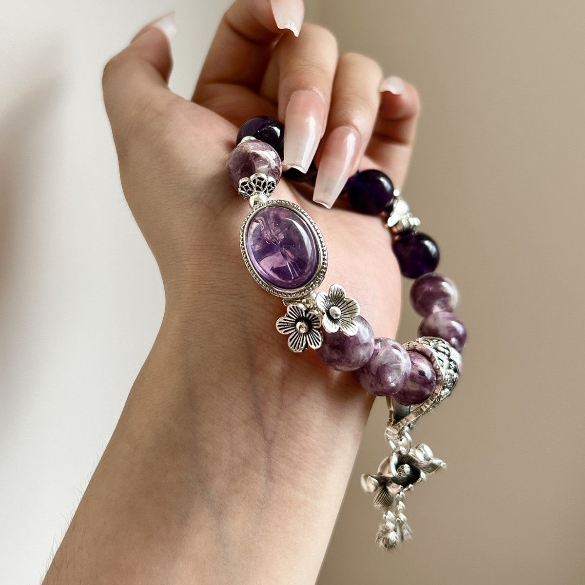 Violet Serenade Crystal Bracelet | Amethyst & Lepidolite Energy Stone – Tranquility, Elegance & Spiritual Awakening