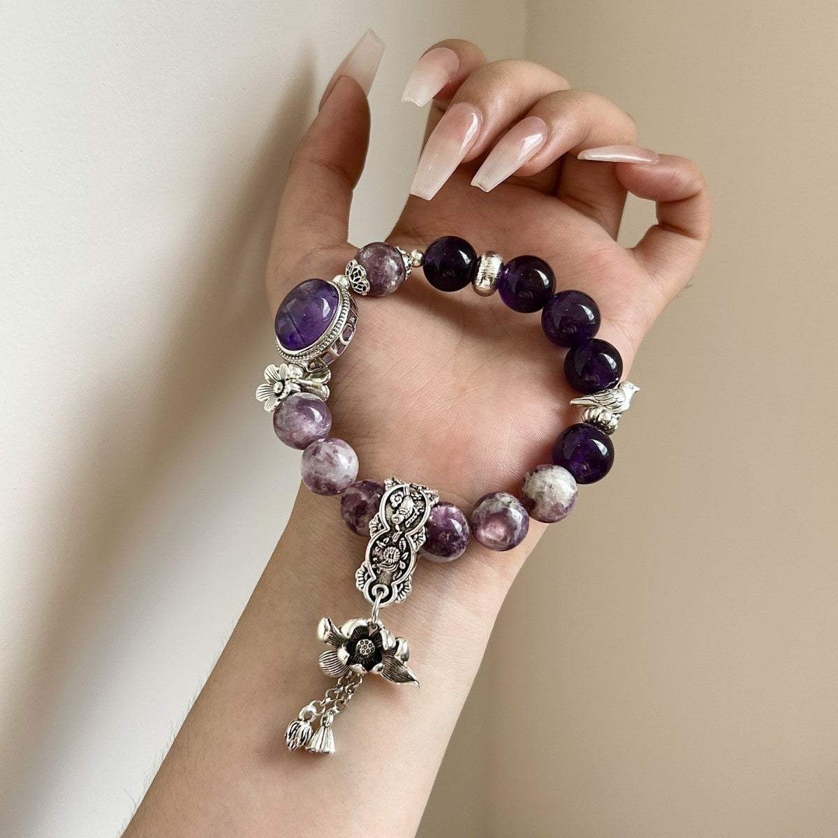 Violet Serenade Crystal Bracelet | Amethyst & Lepidolite Energy Stone – Tranquility, Elegance & Spiritual Awakening
