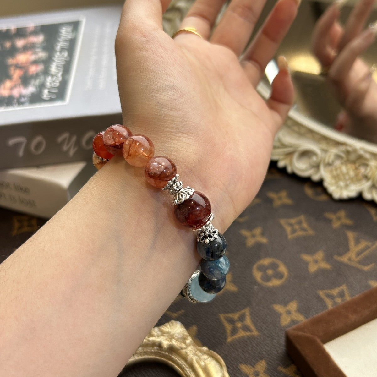 Water & Fire Balance Crystal Bracelet – Red Flower Agate & Blue Kyanite Energy Stone