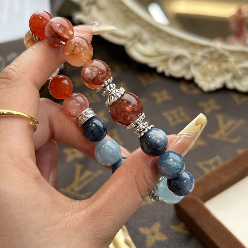 Water & Fire Balance Crystal Bracelet – Red Flower Agate & Blue Kyanite Energy Stone