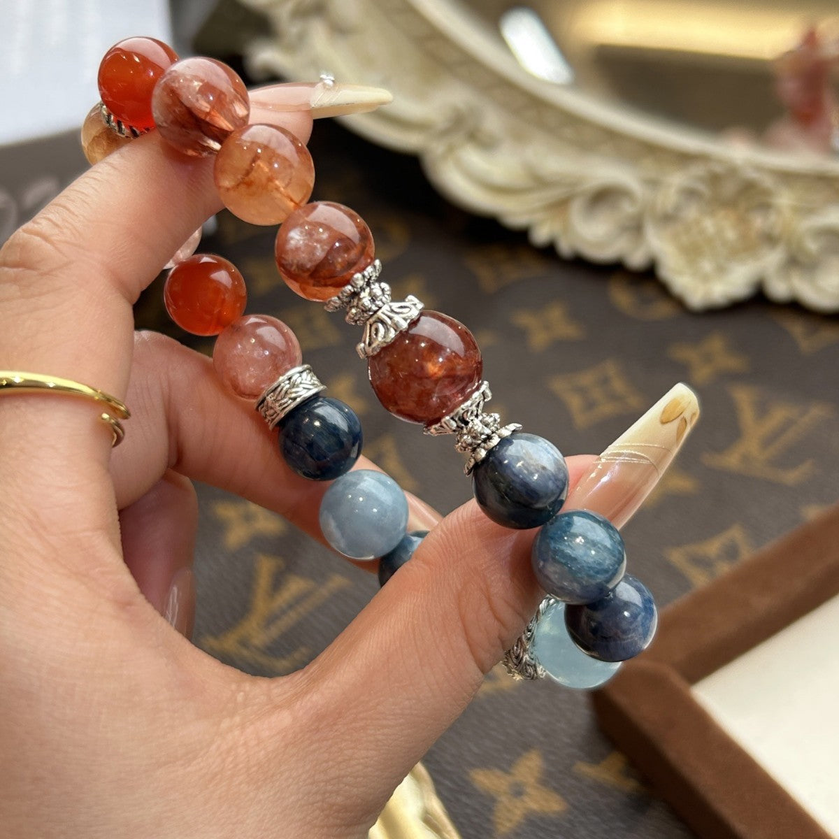 Water & Fire Balance Crystal Bracelet – Red Flower Agate & Blue Kyanite Energy Stone