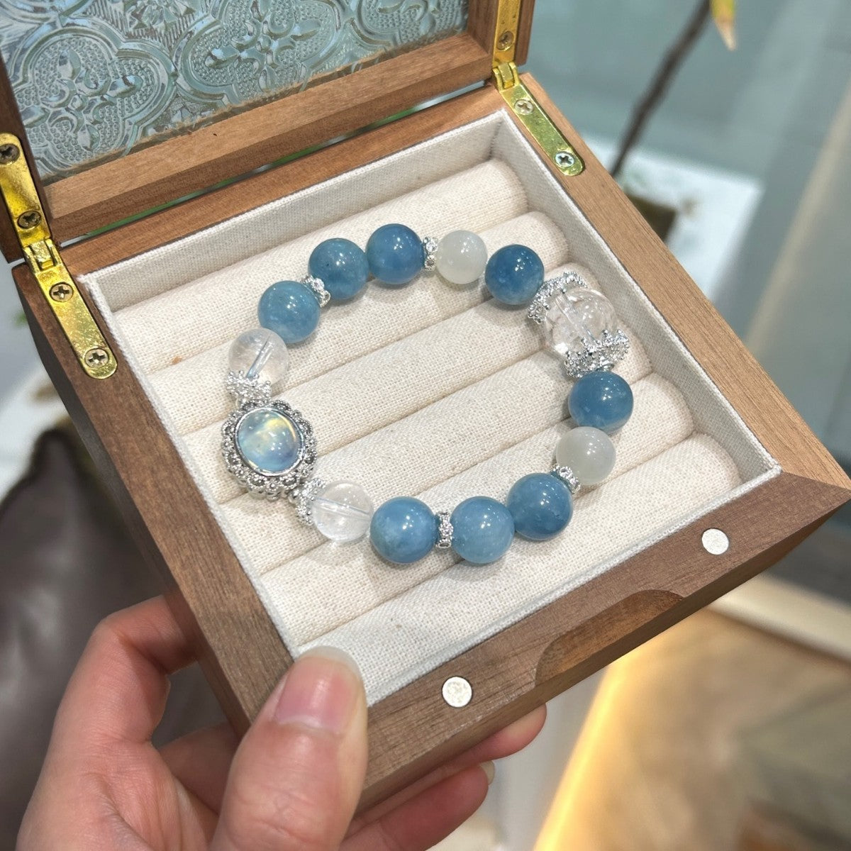 Ocean’s Secret Energy Crystal Bracelet Aquamarine, Moonstone for Calming, Intuition & Spiritual Awakening