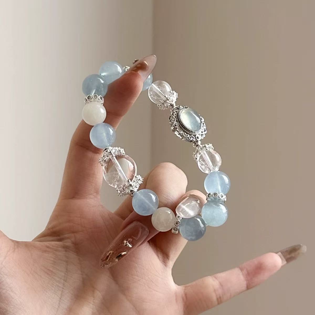 Ocean’s Secret Energy Crystal Bracelet Aquamarine, Moonstone for Calming, Intuition & Spiritual Awakening