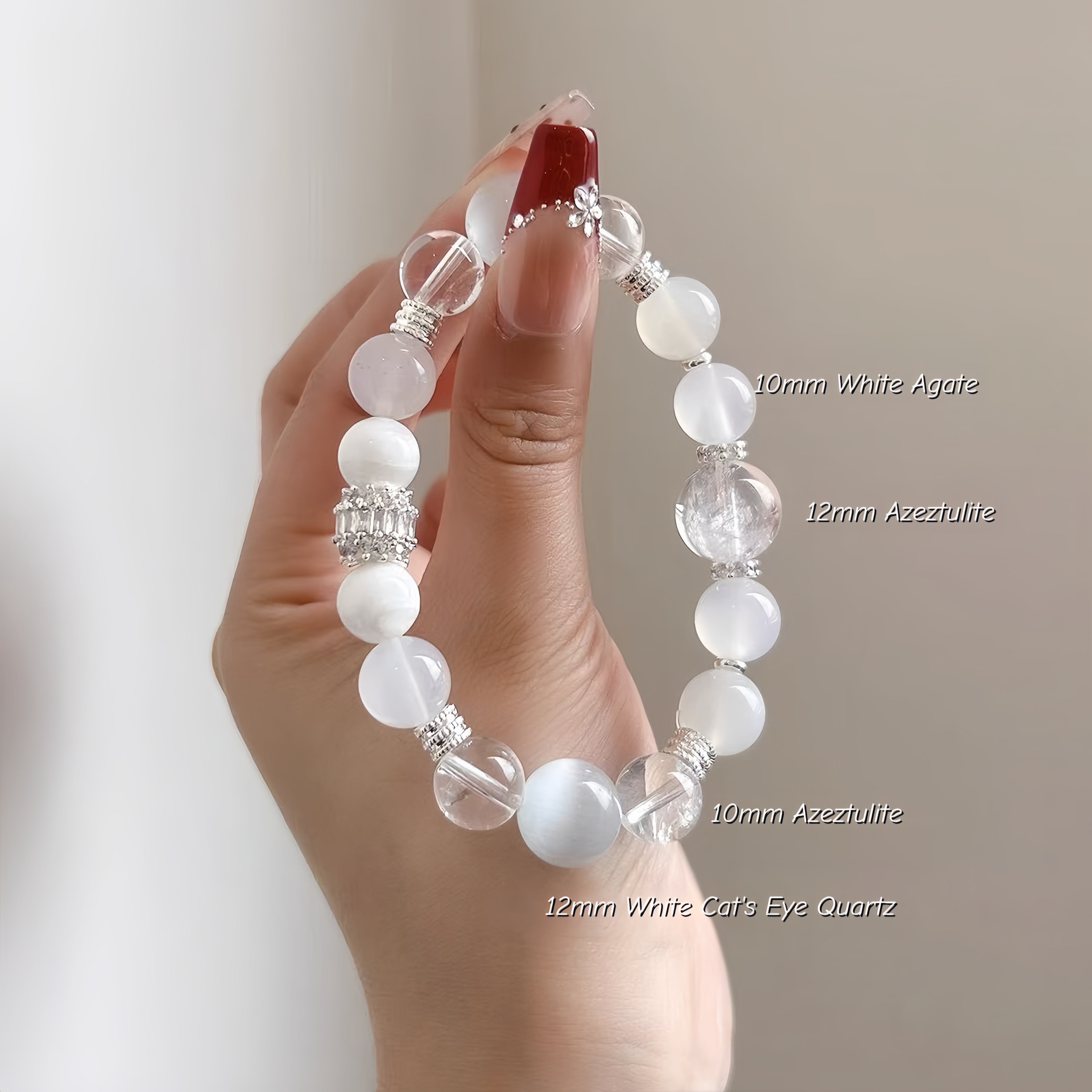 Five Blessings-Metal Bracelet White Agate White Cat’s Eye with Career Luck & Wealth Energy