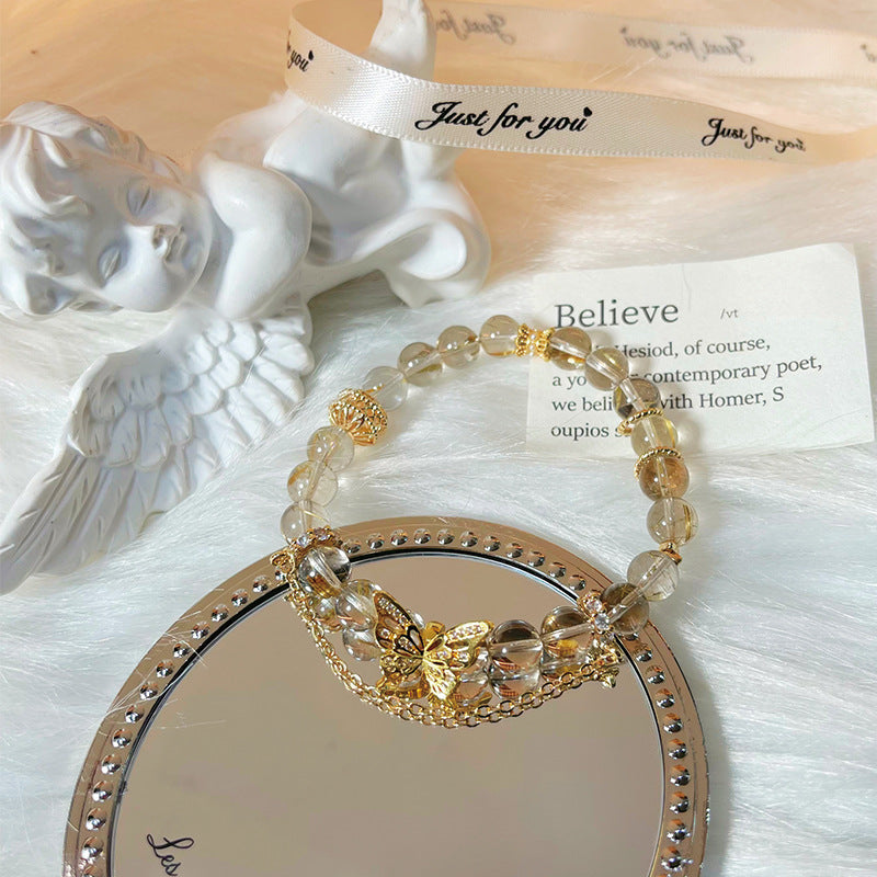 Golden Wings Crystal Bracelet – Natural Golden Rutilated Quartz with Butterfly Charm