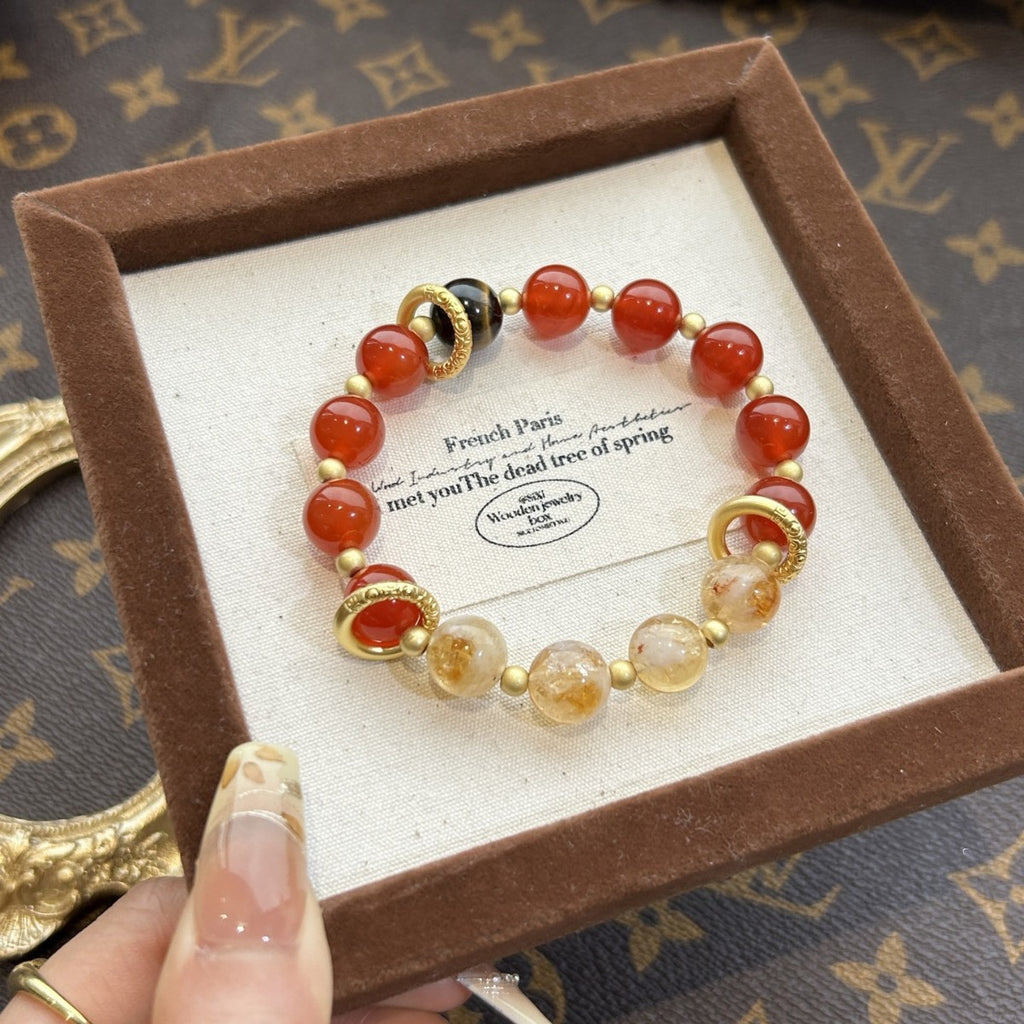 Nezha’s Ocean Fury Crystal Bracelet – Red Agate & Citrine with Golden Fire Wheels | Energy of Courage & Transformation