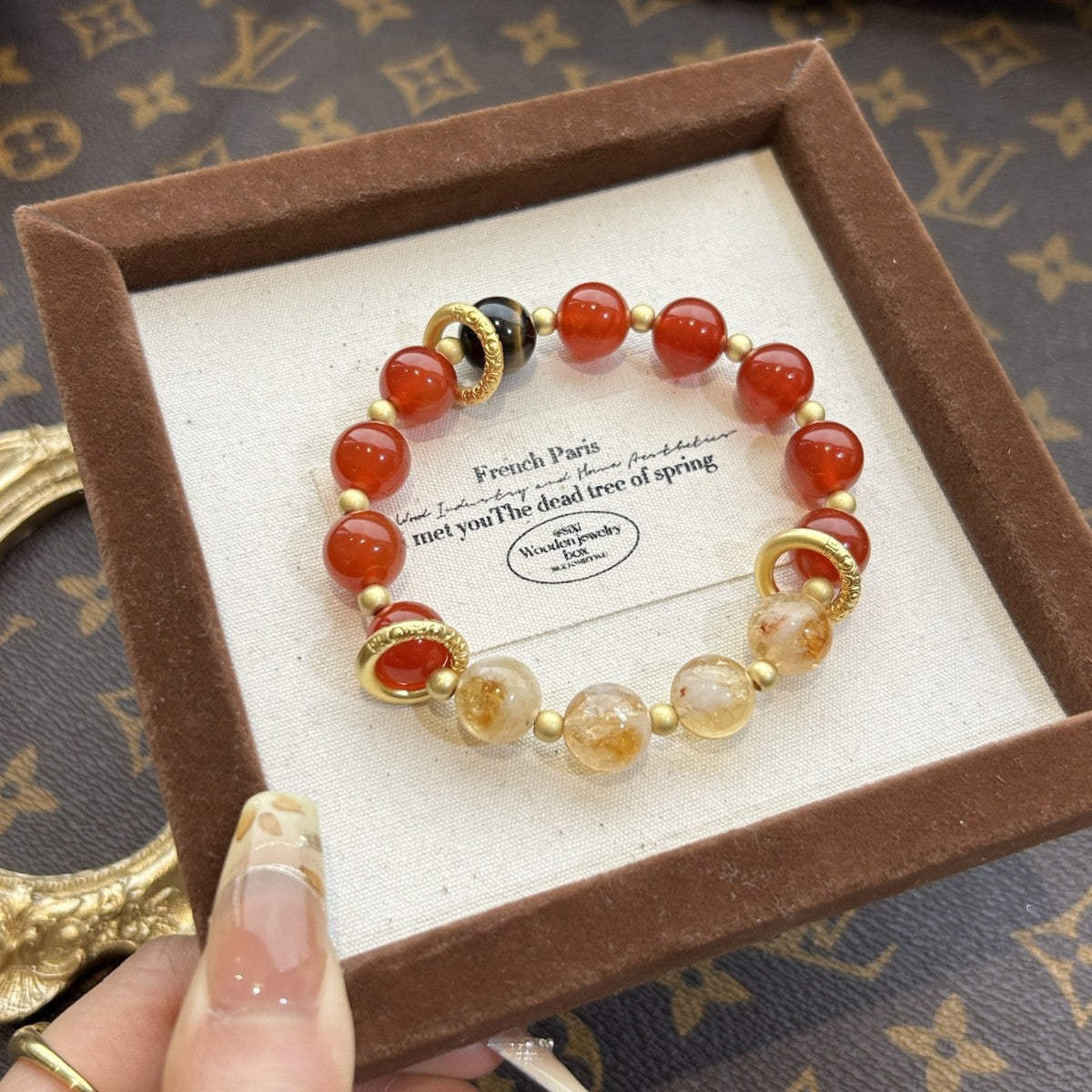 Nezha’s Ocean Fury Crystal Bracelet – Red Agate & Citrine with Golden Fire Wheels | Energy of Courage & Transformation