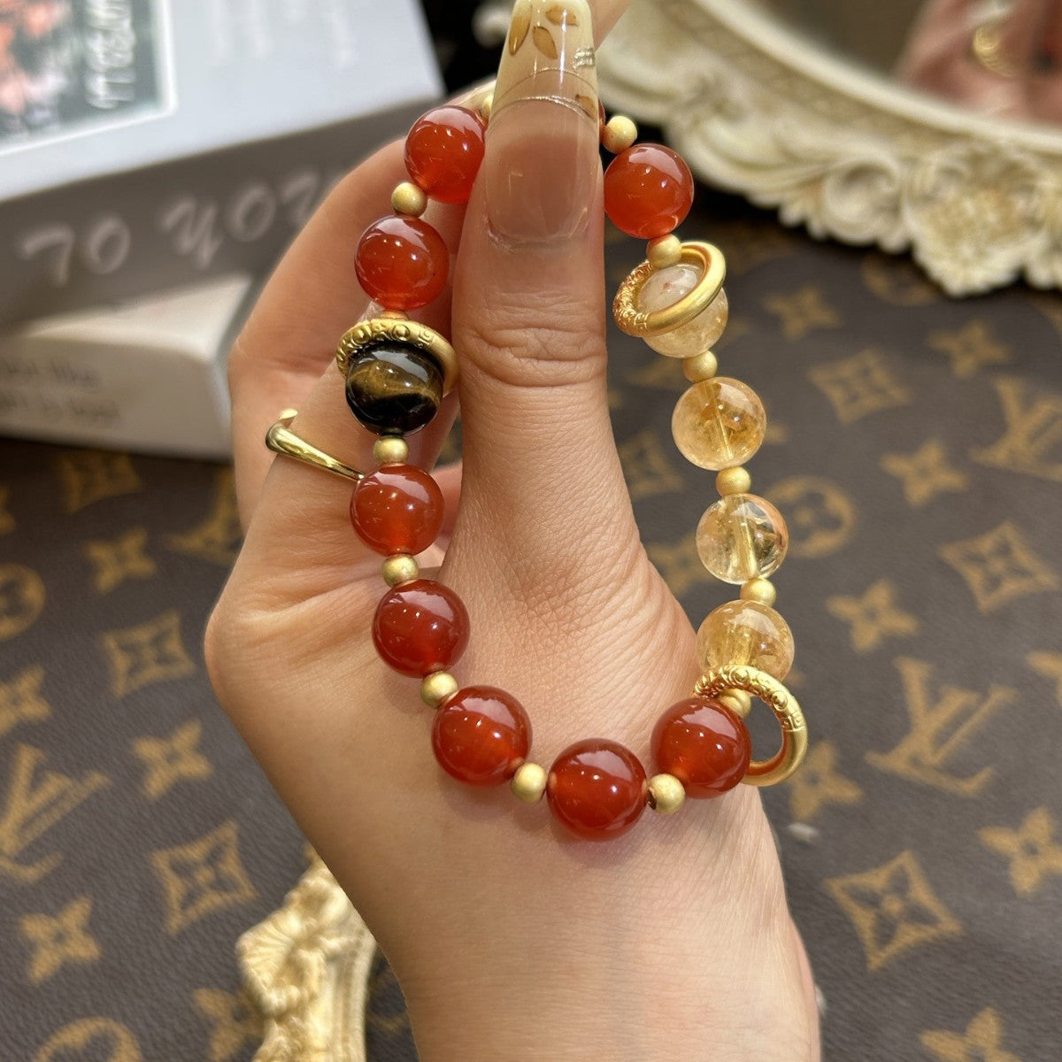 Nezha’s Ocean Fury Crystal Bracelet – Red Agate & Citrine with Golden Fire Wheels | Energy of Courage & Transformation