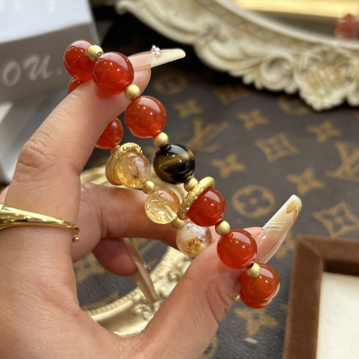 Nezha’s Ocean Fury Crystal Bracelet – Red Agate & Citrine with Golden Fire Wheels | Energy of Courage & Transformation