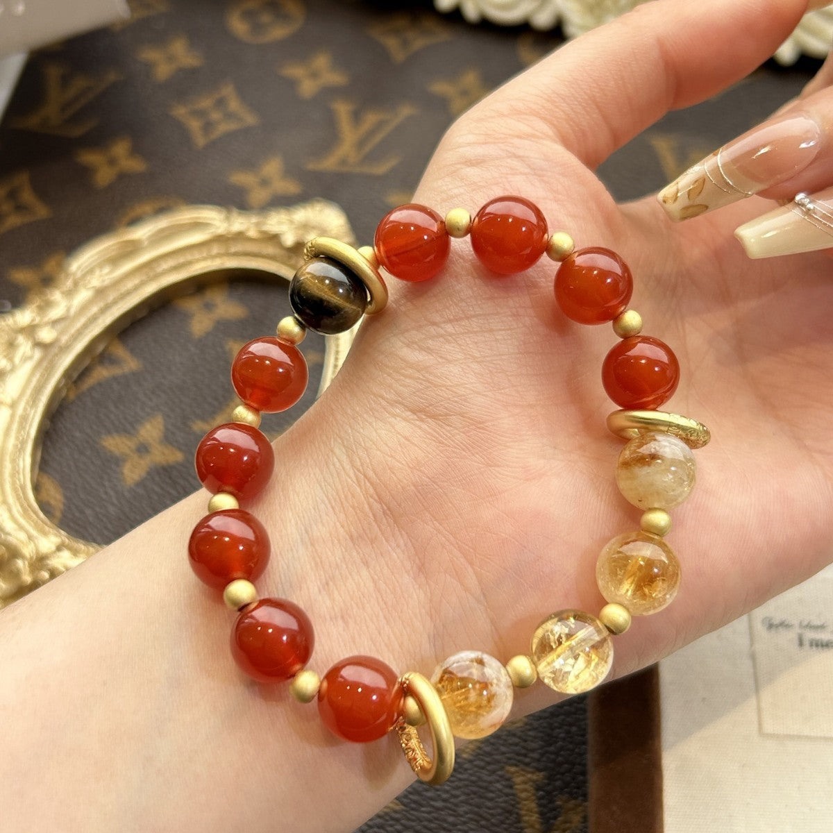 Nezha’s Ocean Fury Crystal Bracelet – Red Agate & Citrine with Golden Fire Wheels | Energy of Courage & Transformation