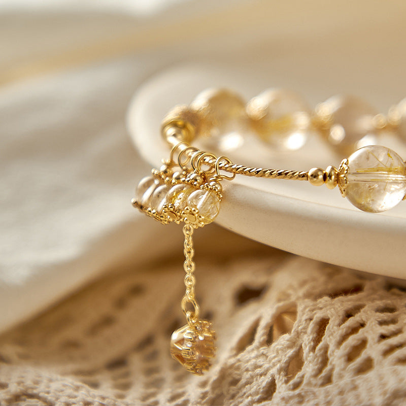 Golden Wind Chime Golden Rutilated Quartz Bracelet with Snowflake Charm | Luck & Elegance Jewelry