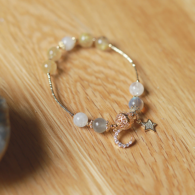 Starlit Moon Gray Moonstone & Golden Rutilated Quartz Crystal Bracelet with Star and Moon Charms
