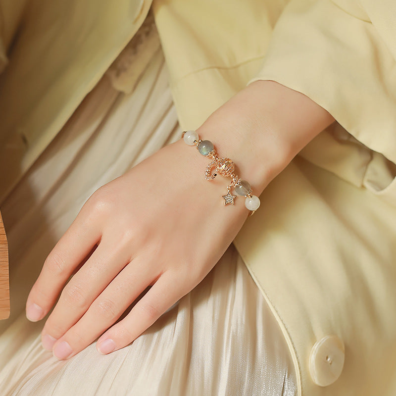 Starlit Moon Gray Moonstone & Golden Rutilated Quartz Crystal Bracelet with Star and Moon Charms