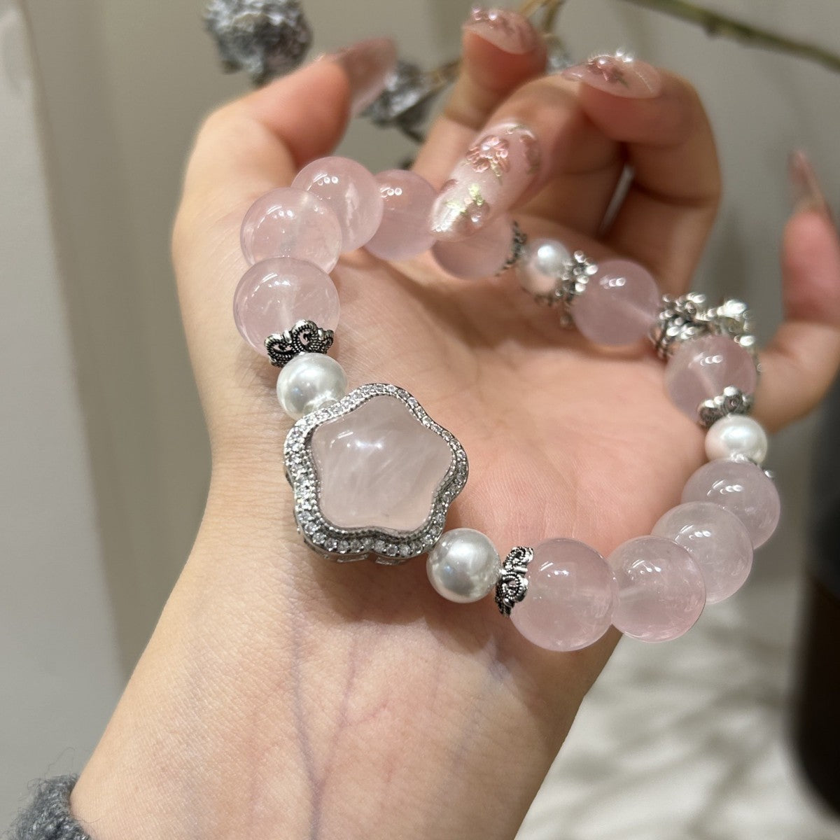 Peach Moon Star Rose Quartz Bracelet with Pearl Accents & Silver Blossom Charm