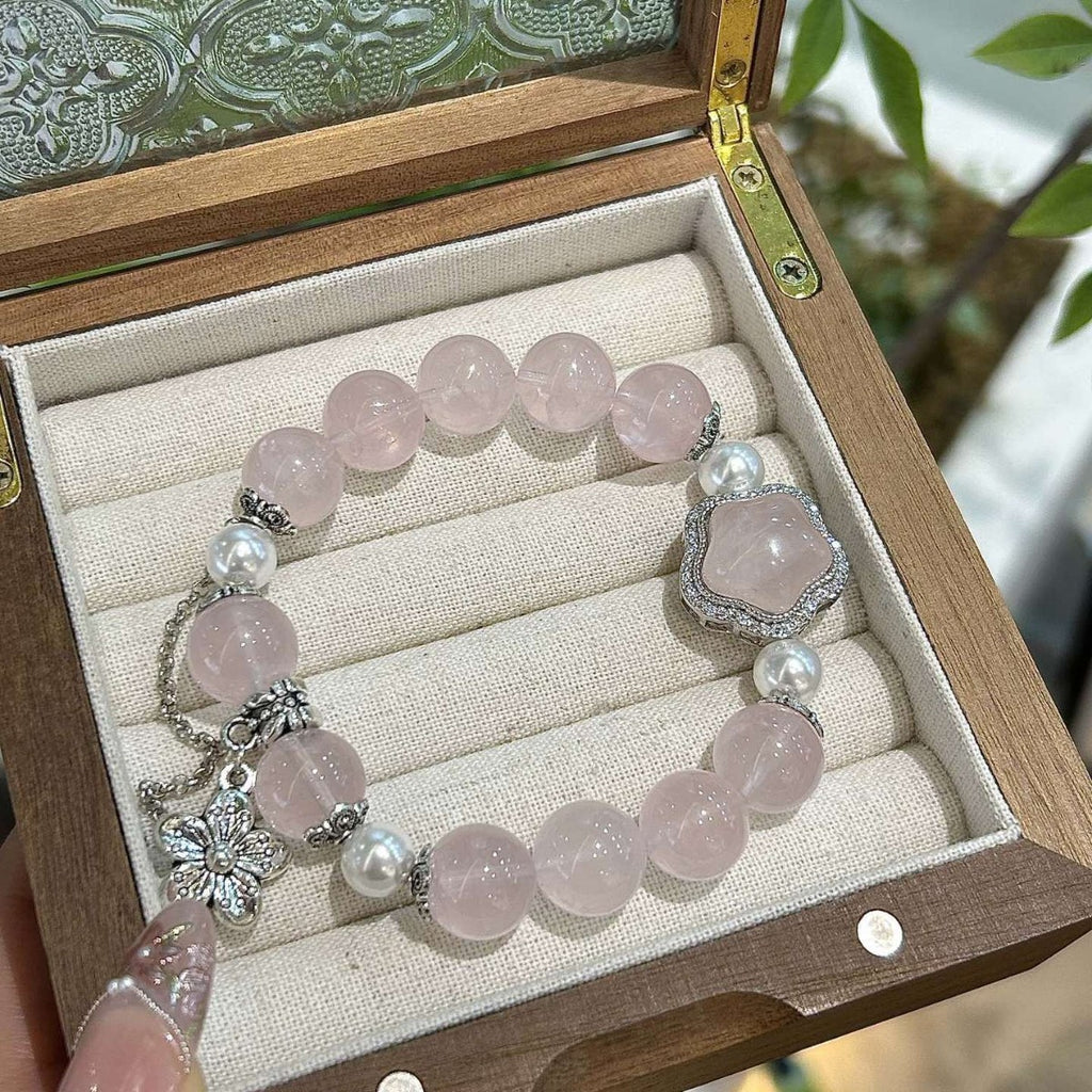 Peach Moon Star Rose Quartz Bracelet with Pearl Accents & Silver Blossom Charm