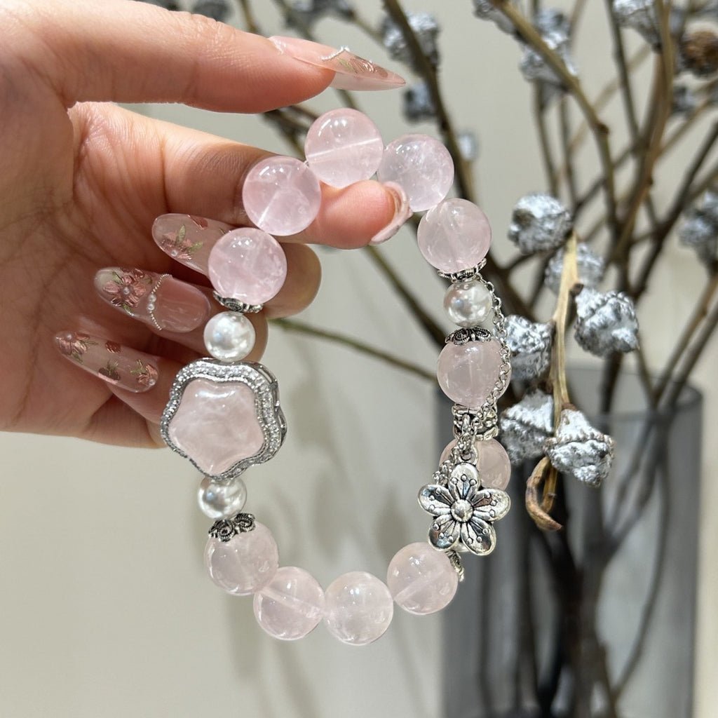 Peach Moon Star Rose Quartz Bracelet with Pearl Accents & Silver Blossom Charm
