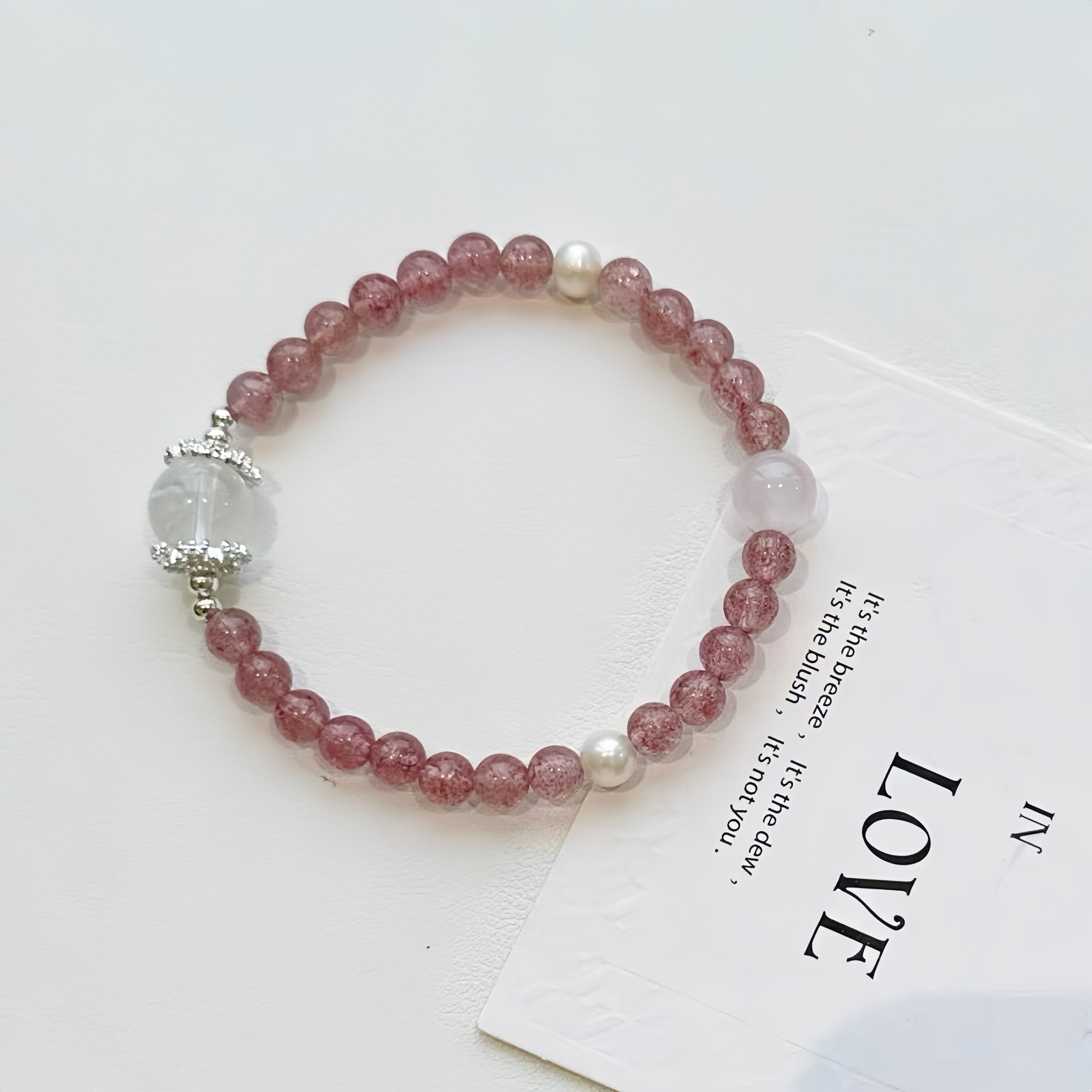 Strawberry Quartz Bracelet with Pearls & White Accents – Love, Romance & Elegant Healing Crystal Jewelry