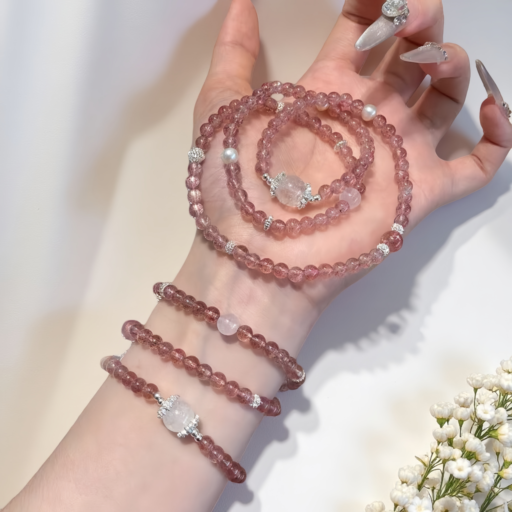 Strawberry Quartz Bracelet with Pearls & White Accents – Love, Romance & Elegant Healing Crystal Jewelry