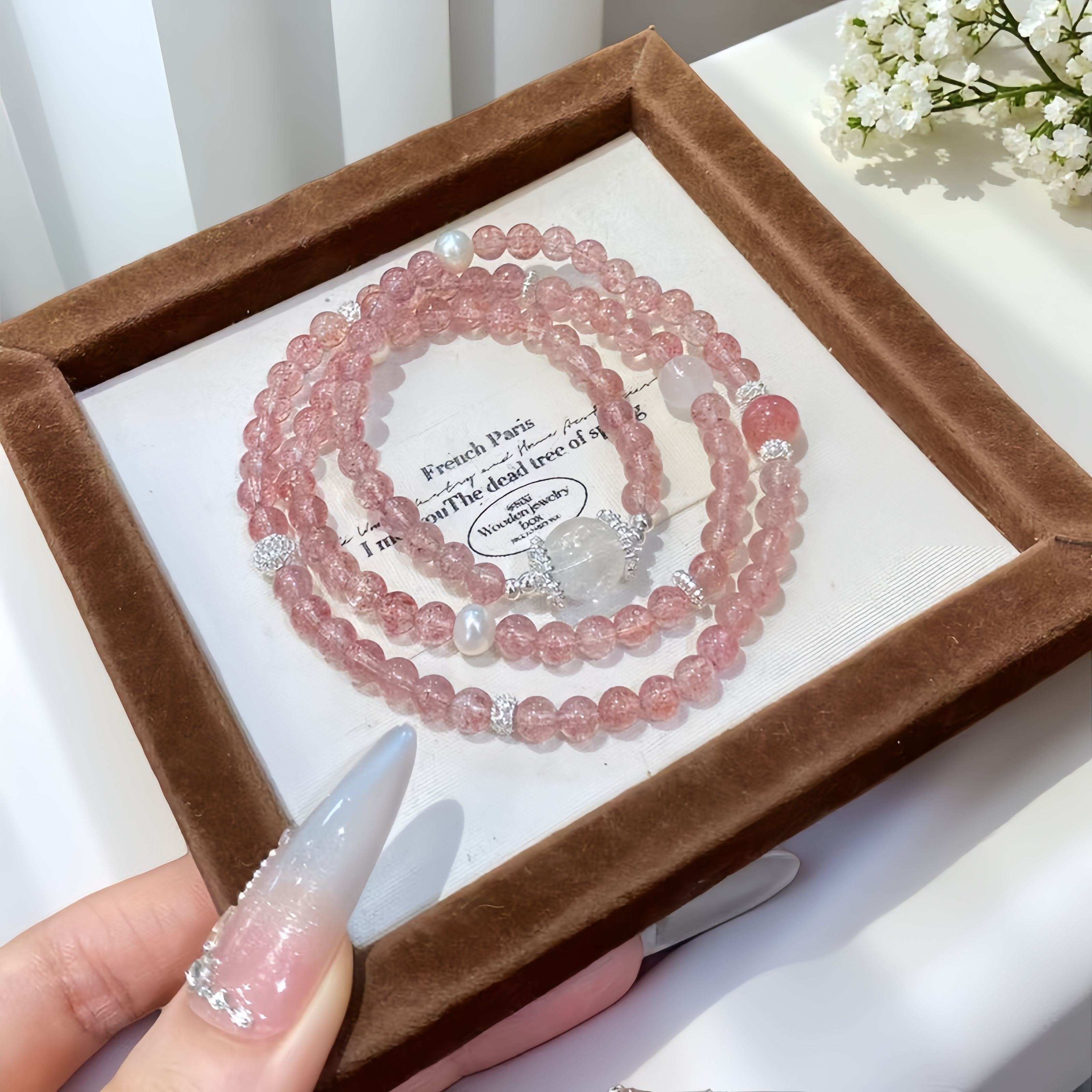 Strawberry Quartz Bracelet with Pearls & White Accents – Love, Romance & Elegant Healing Crystal Jewelry