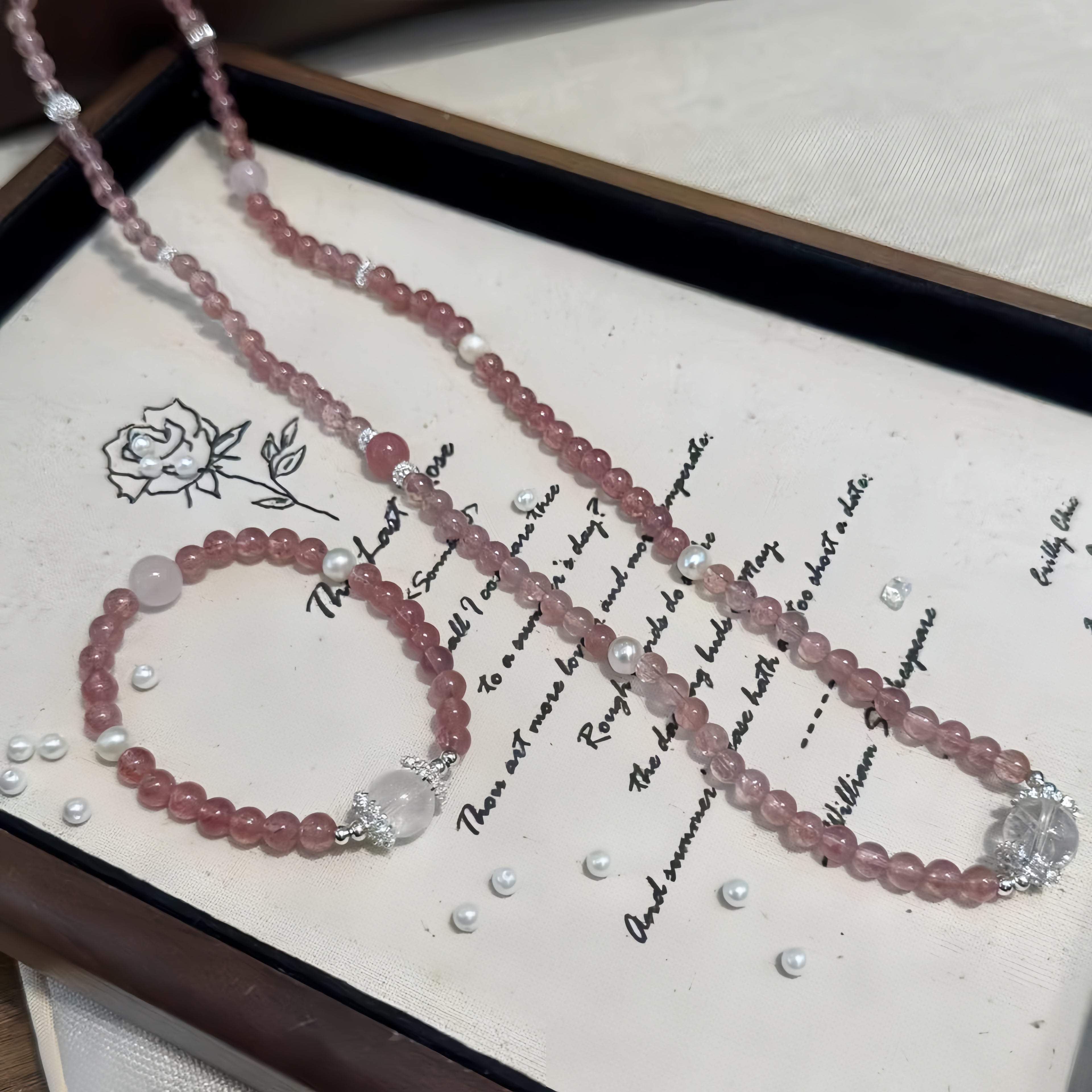 Strawberry Quartz Bracelet with Pearls & White Accents – Love, Romance & Elegant Healing Crystal Jewelry