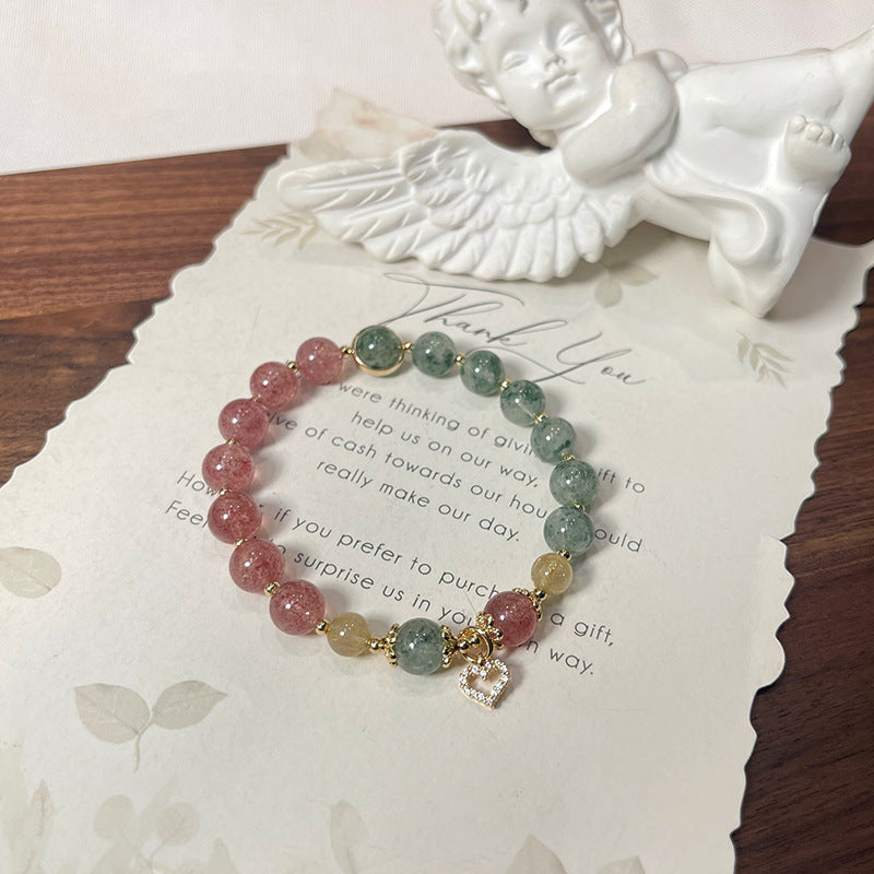 Angel Heart Strawberry Quartz, Green Quartz Crystal Bracelet with Heart Charm for Love & Romance