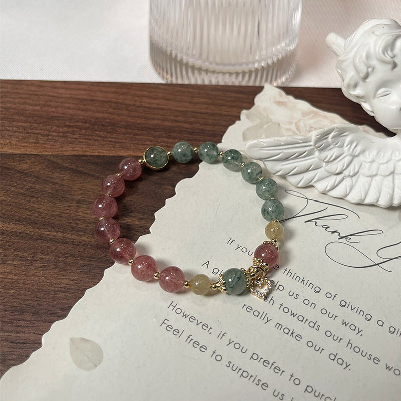 Angel Heart Strawberry Quartz, Green Quartz Crystal Bracelet with Heart Charm for Love & Romance