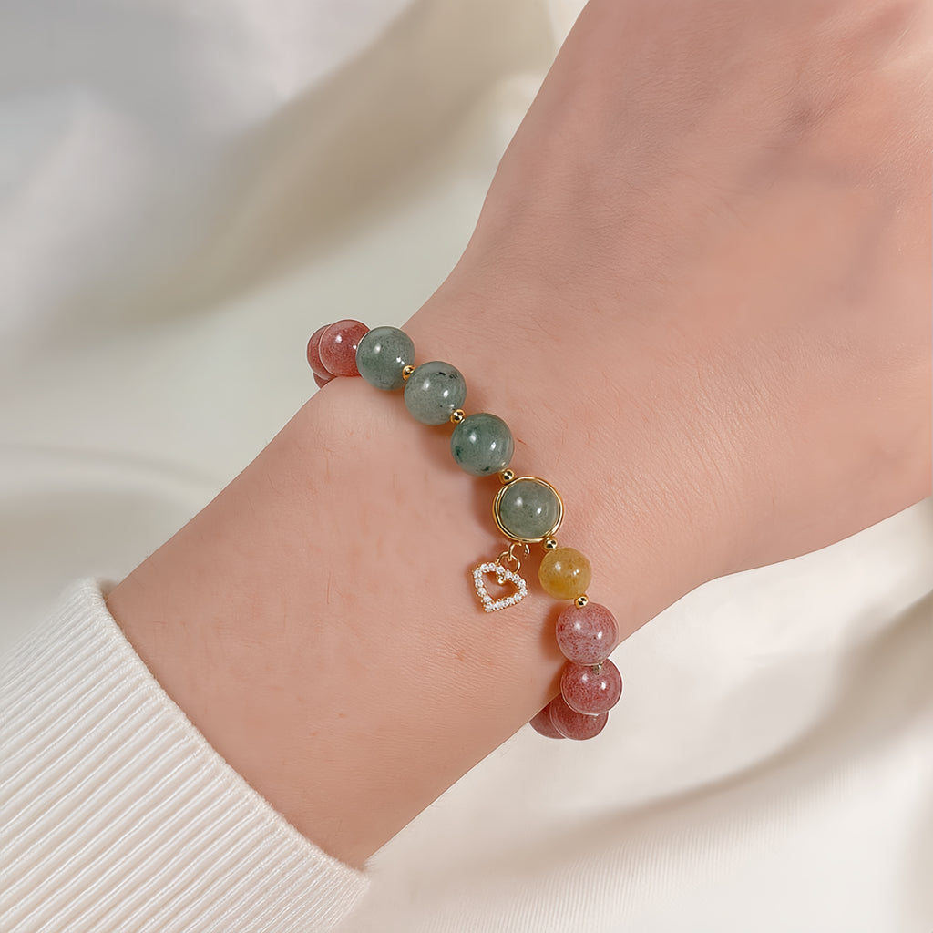 Angel Heart Strawberry Quartz, Green Quartz Crystal Bracelet with Heart Charm for Love & Romance