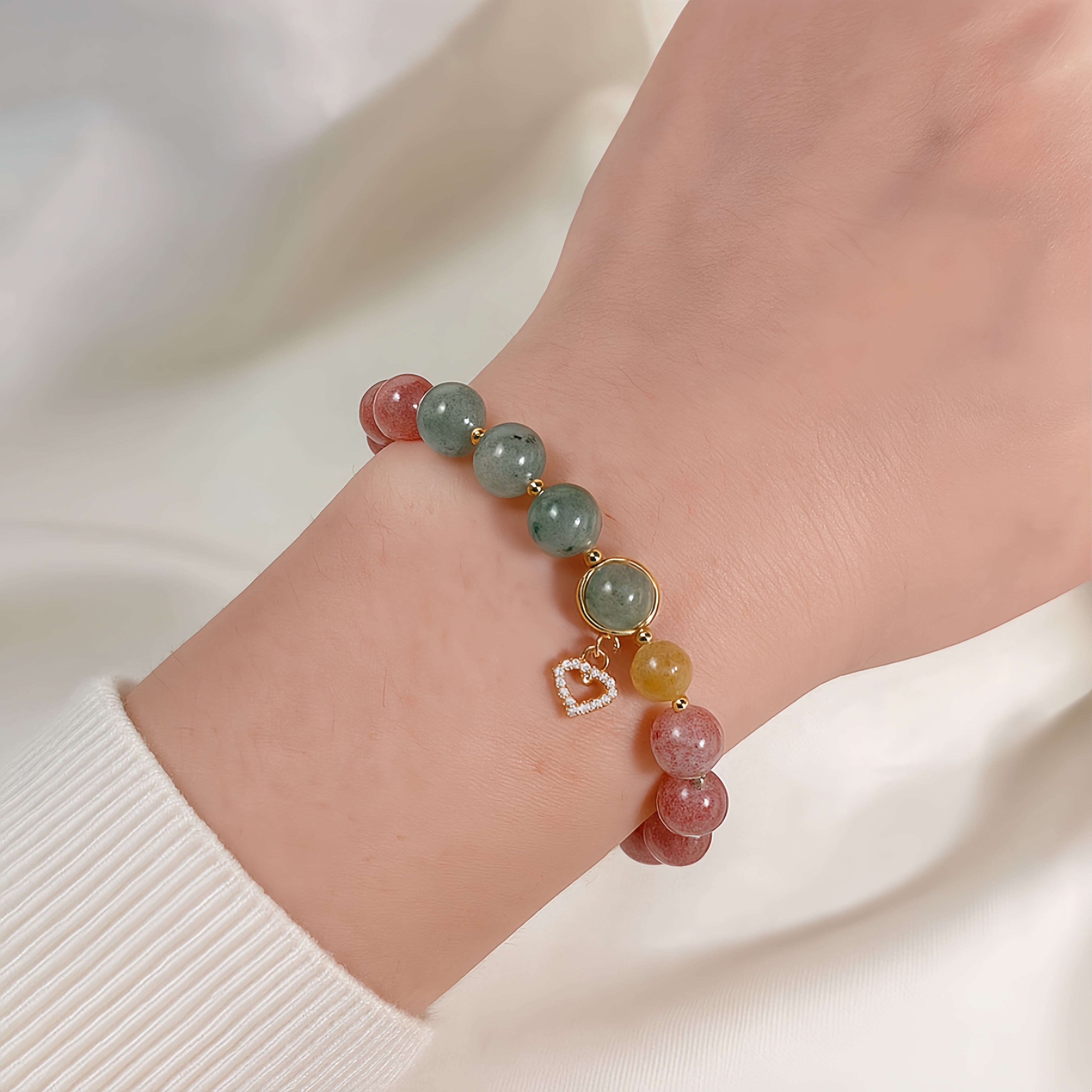 Angel Heart Strawberry Quartz, Green Quartz Crystal Bracelet with Heart Charm for Love & Romance