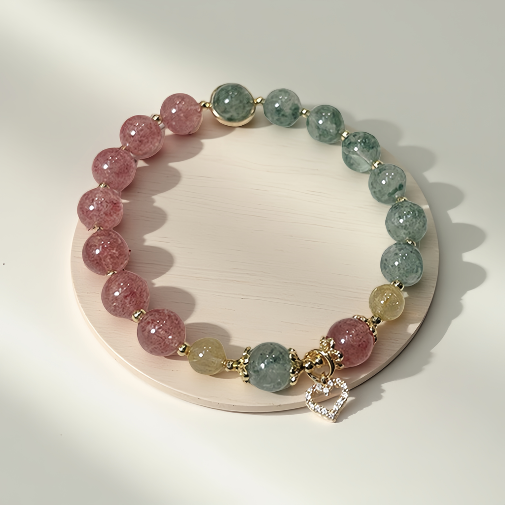 Angel Heart Strawberry Quartz, Green Quartz Crystal Bracelet with Heart Charm for Love & Romance