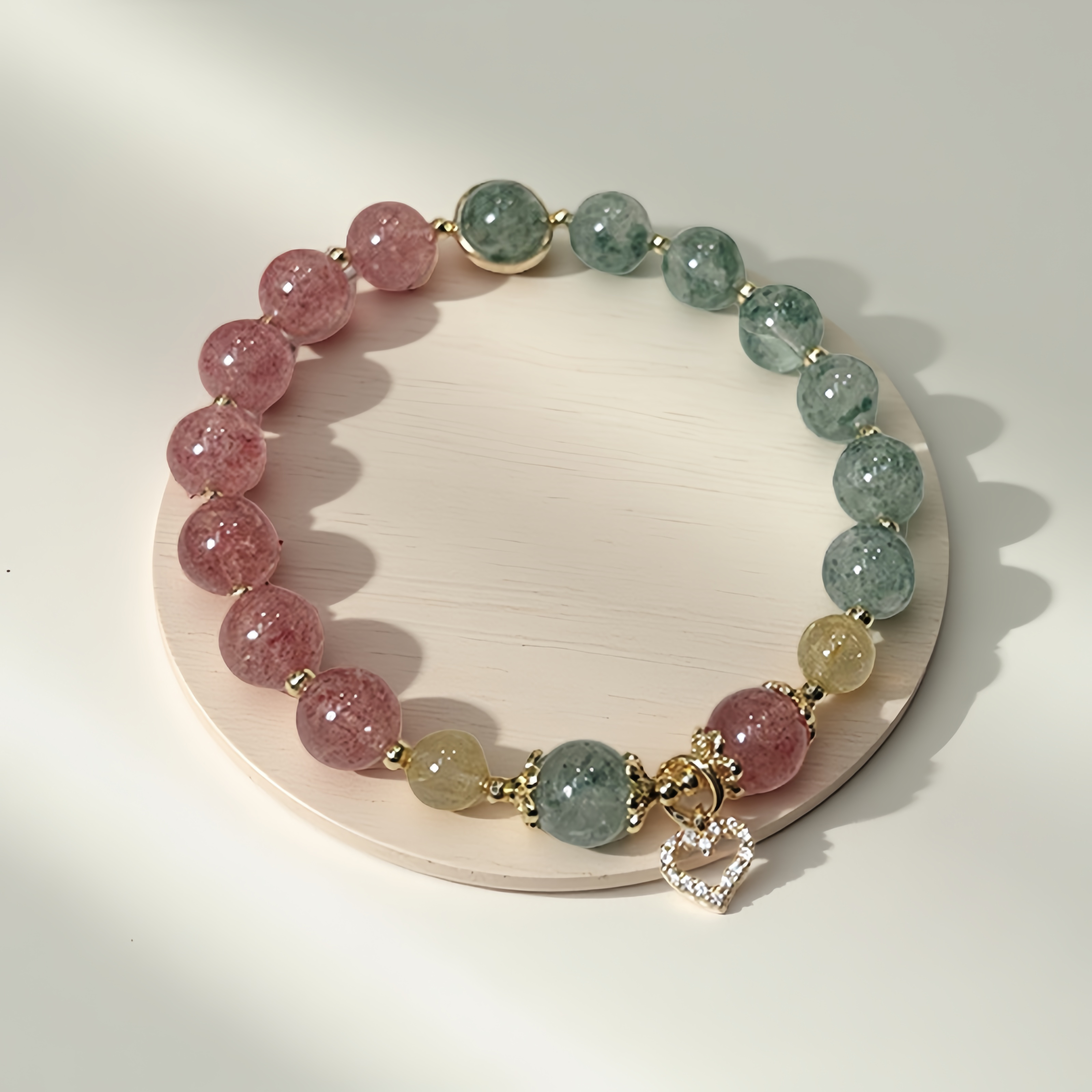Angel Heart Strawberry Quartz, Green Quartz Crystal Bracelet with Heart Charm for Love & Romance