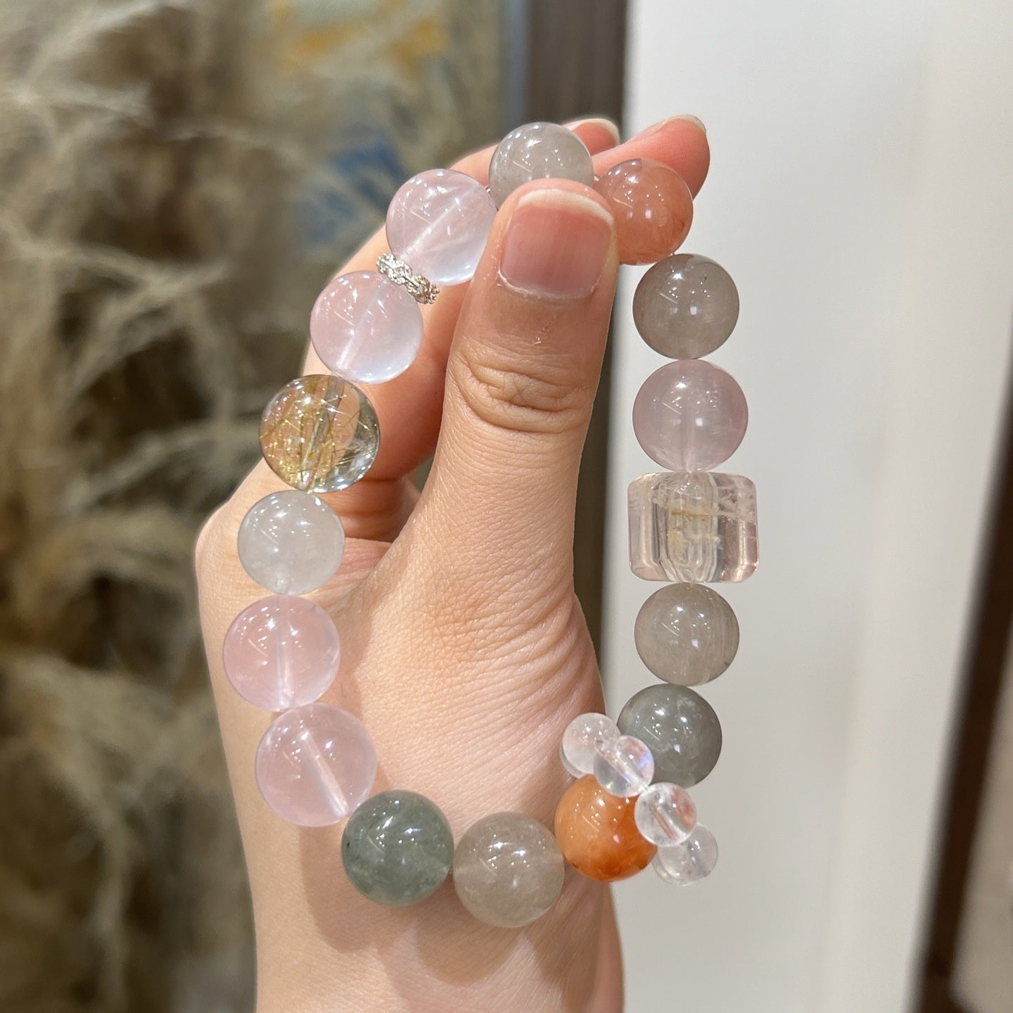 Aurora Hare Crystal Bracelet of Love & Vitality Multicolor Rabbit Hair Quartz and Rose Quartz Jewelry