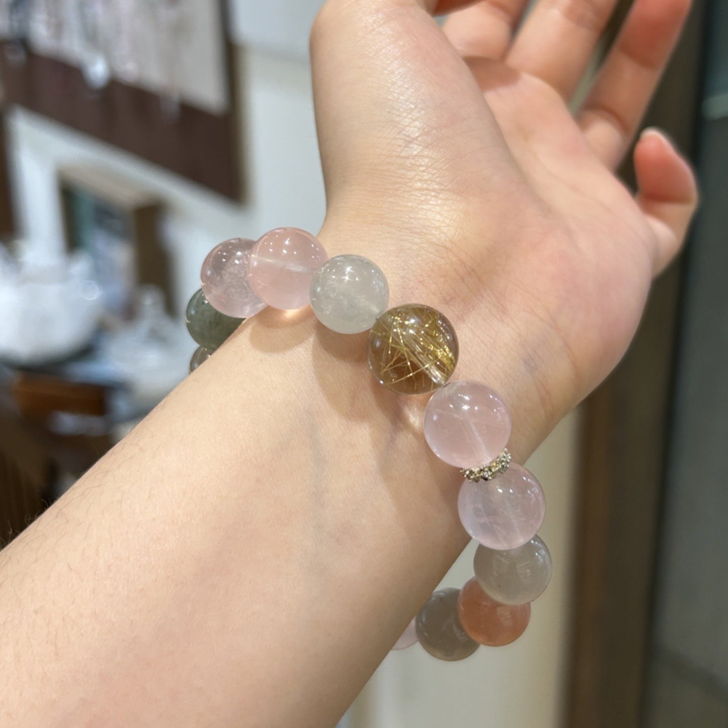 Aurora Hare Crystal Bracelet of Love & Vitality Multicolor Rabbit Hair Quartz and Rose Quartz Jewelry
