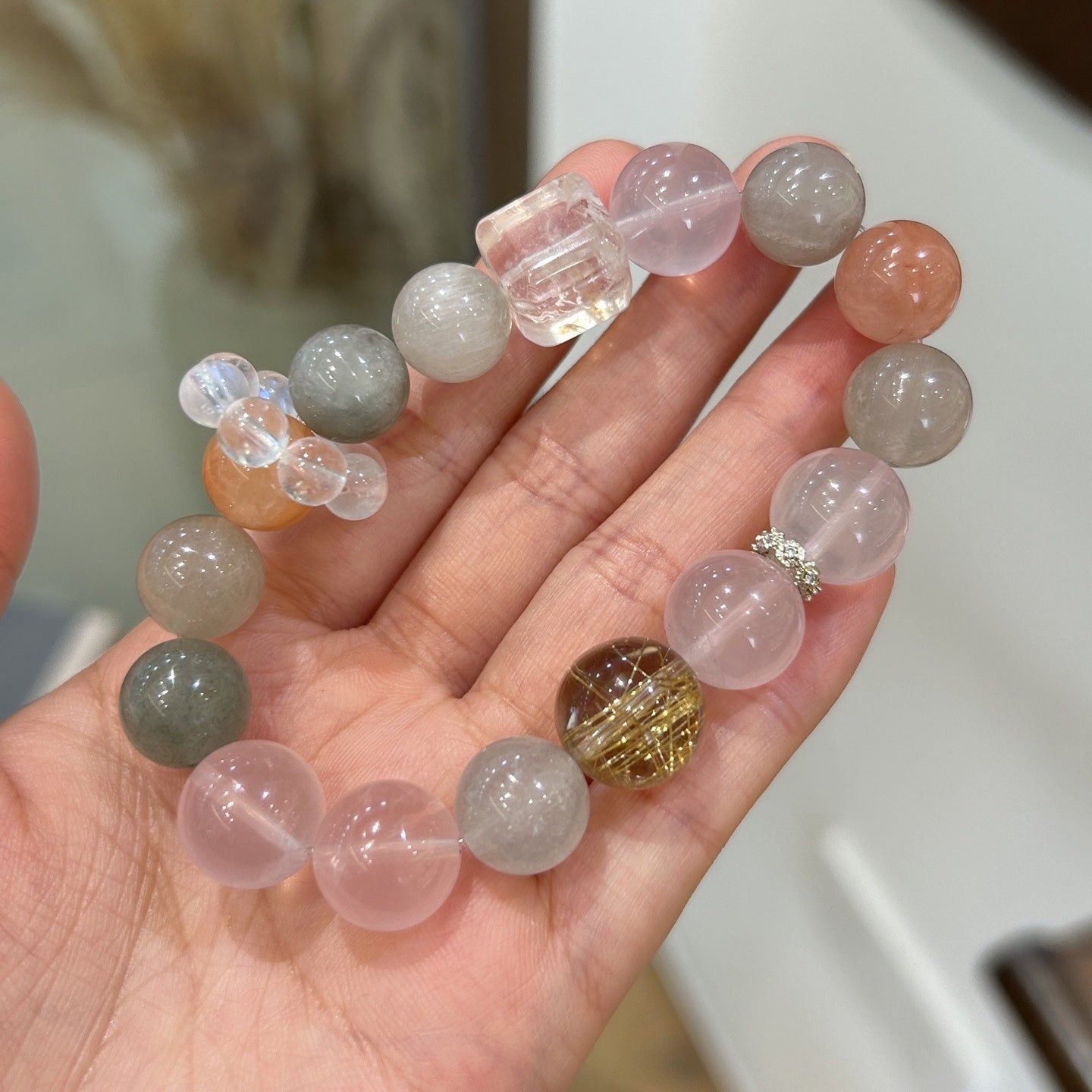 Aurora Hare Crystal Bracelet of Love & Vitality Multicolor Rabbit Hair Quartz and Rose Quartz Jewelry
