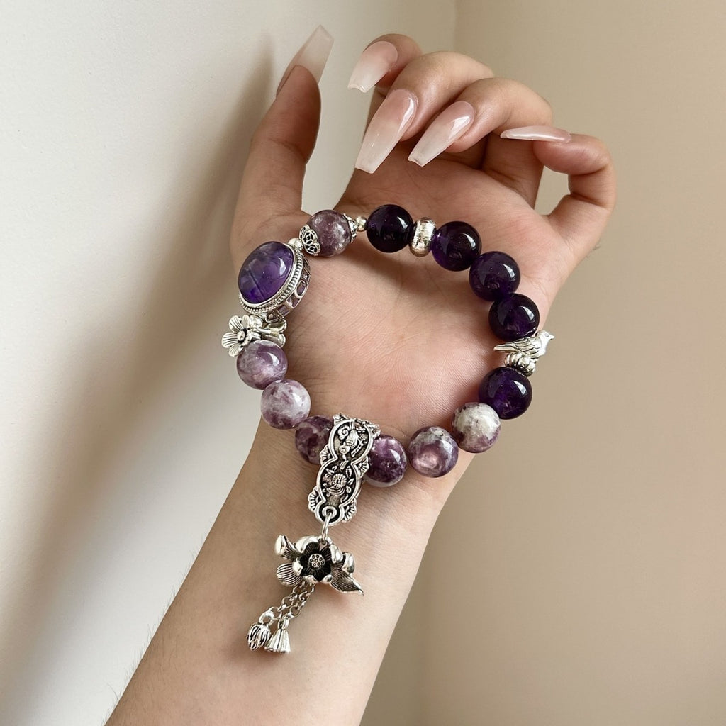 Violet Serenade Crystal Bracelet | Amethyst & Lepidolite Energy Stone – Tranquility, Elegance & Spiritual Awakening