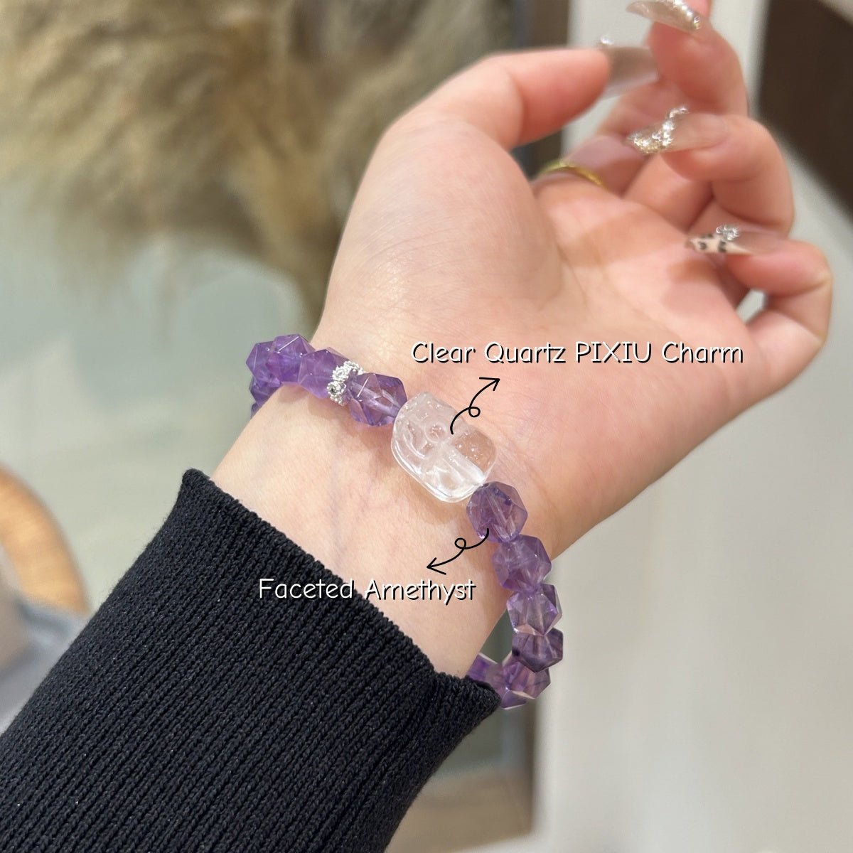 Auspice Guardian Amethyst Bracelet with Clear Quartz Pixiu Charm for Wealth & Protection - Joyceen Crystal