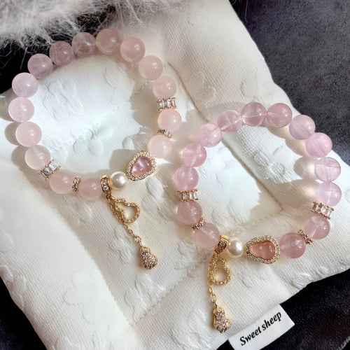 Blessed Love Rose Quartz Bracelet with Lucky Gourd Charm - Joyceen Crystal
