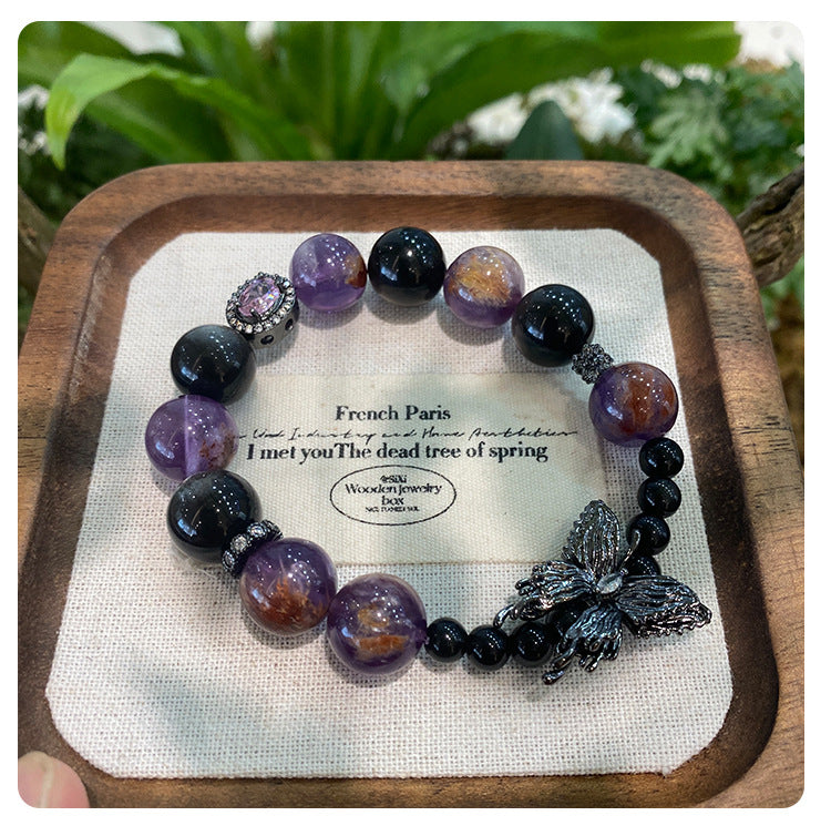 Butterfly Phantom Bracelet featuring natural Amethyst Phantom Quartz and Silver Obsidian gemstones
