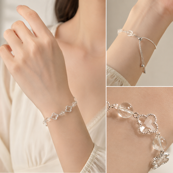 Woman wearing a clear quartz four-leaf clover bracelet with timeless minimalist style