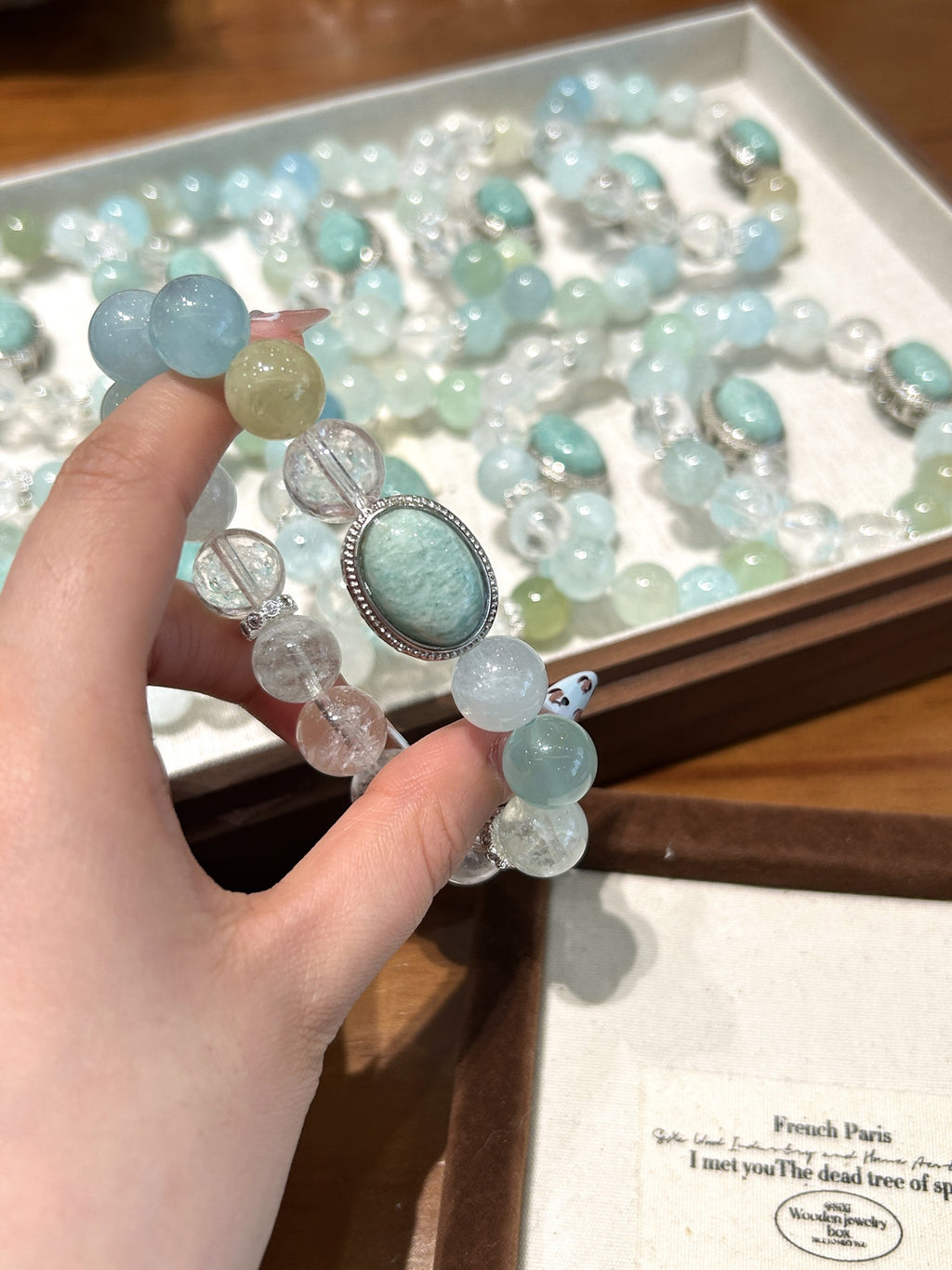 Dreamy Summer gemstone bracelet gift for women featuring Aquamarine, Azeztulite, and Amazonite crystals