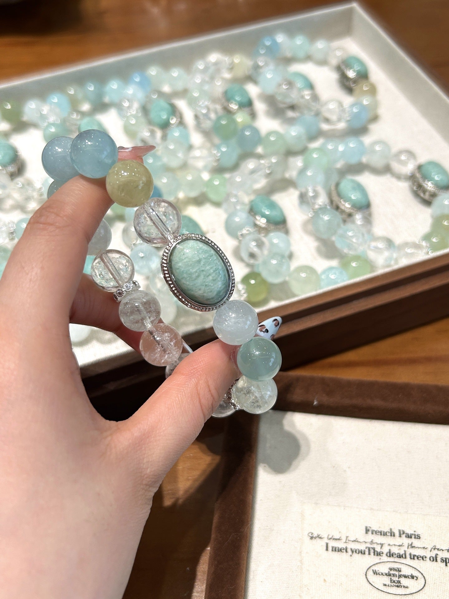 Dreamy Summer gemstone bracelet gift for women featuring Aquamarine, Azeztulite, and Amazonite crystals