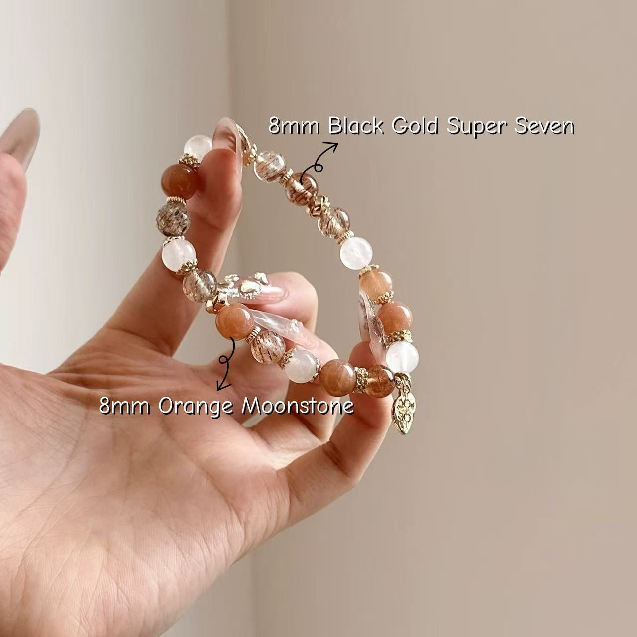 Eclipse Gold Crystal Bracelet Orange & Blue Moonstone with Black Gold Super Seven - Joyceen Crystal
