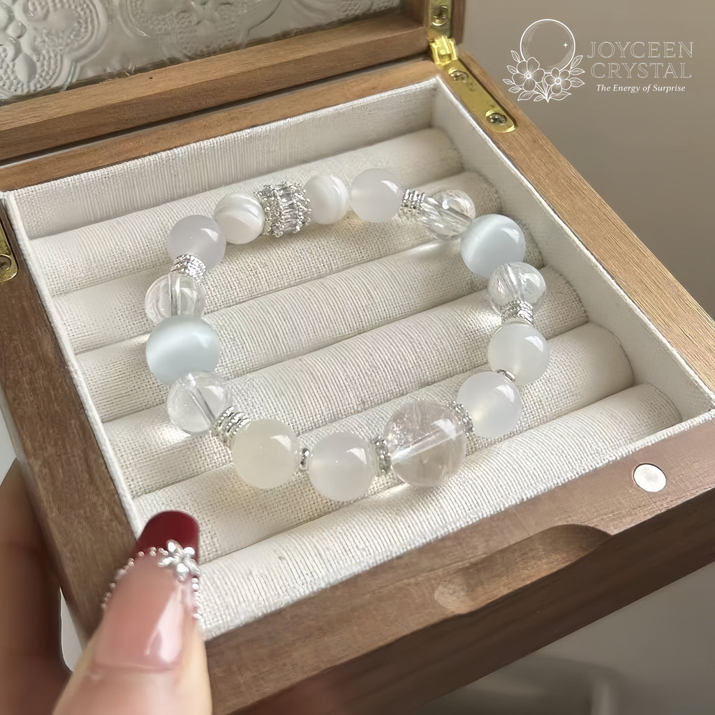 Five Blessings - Metal Bracelet White Agate White Cat’s Eye with Career Luck & Wealth Energy - Joyceen Crystal